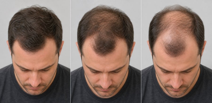 Androgenetik alopeside alın çizgisi ve tepe bölgesindeki seyrelmenin kademeli ilerleyişini gösteren klinik görünüm.