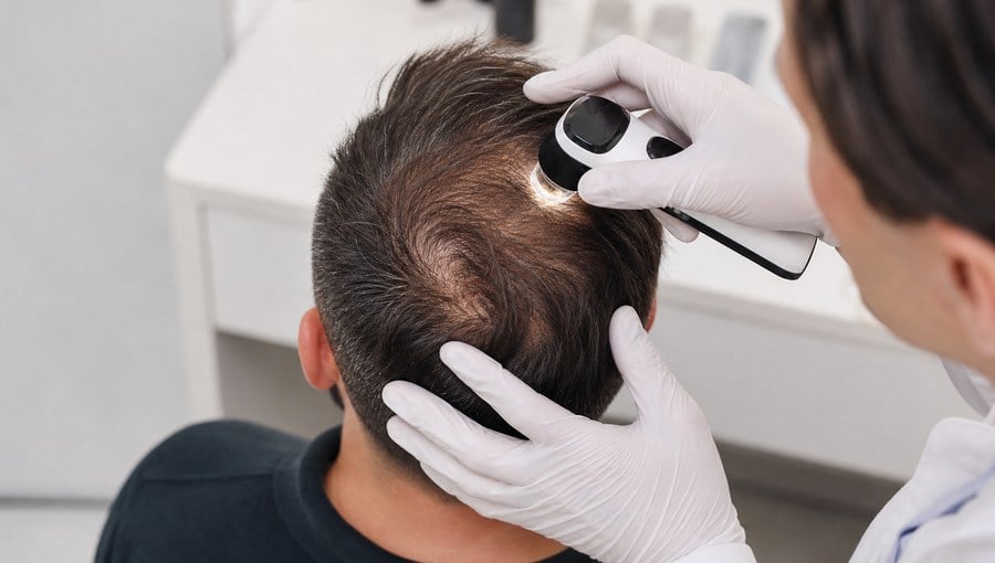 Dermatoloğun tepe bölgesindeki saç köklerini trikoskopla değerlendirdiği klinik muayene.